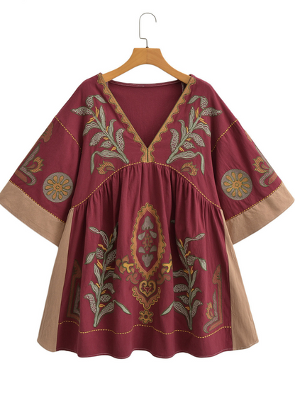 Women's Summer Casual V-neck Loose Embroidered Kimono Dress