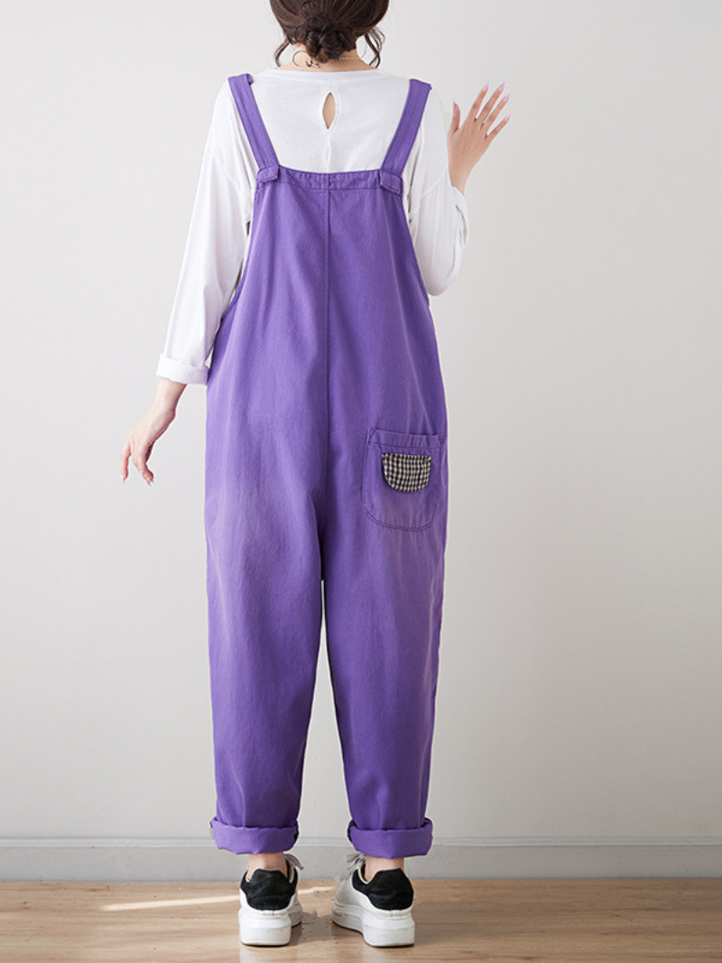 Relaxed Fit Purple Overalls with Contrast Pattern Pockets