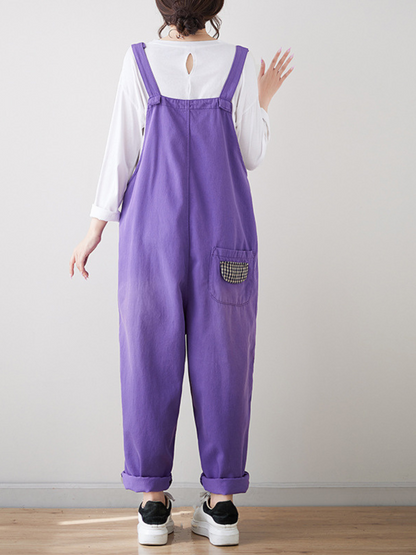 Relaxed Fit Purple Overalls with Contrast Pattern Pockets
