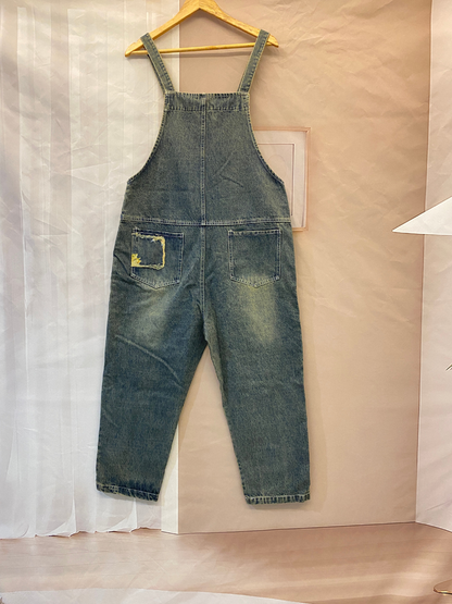 Sunflower Print Denim Dungarees - Utility Pocket Style