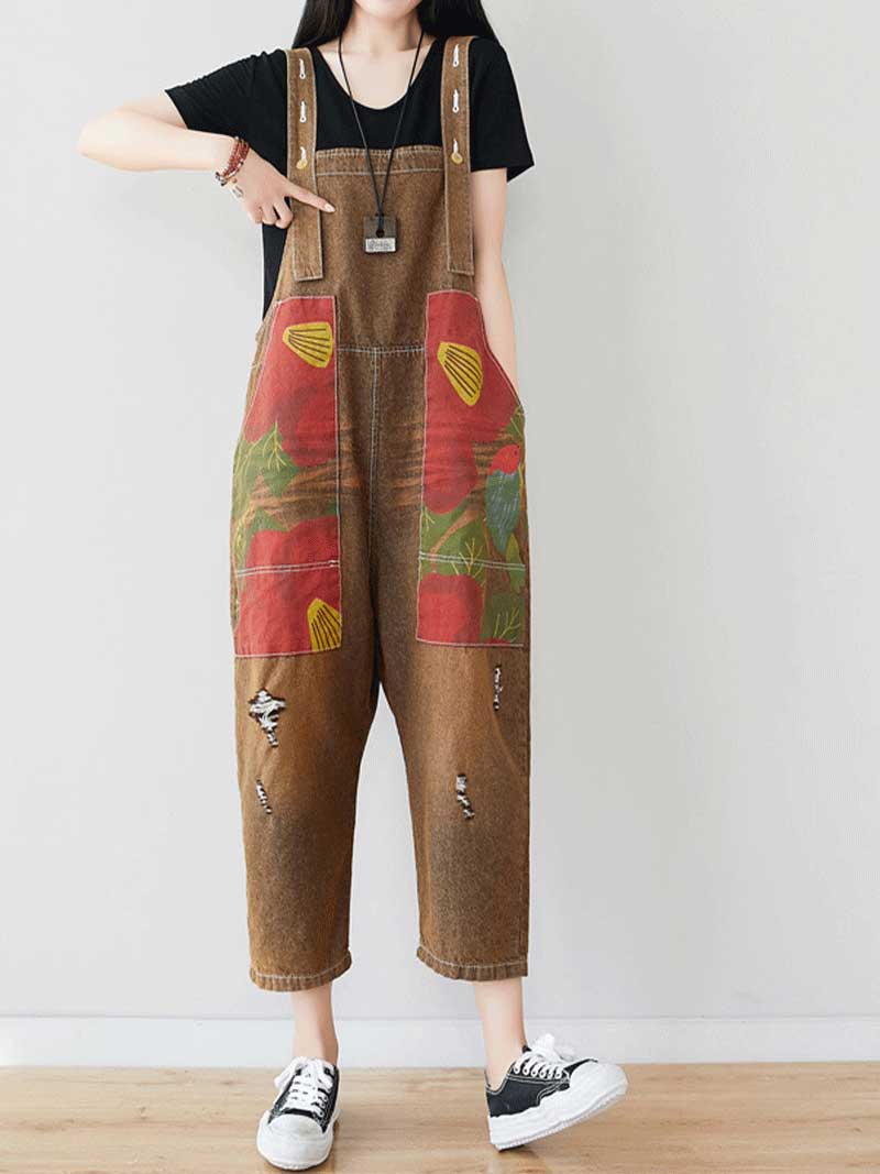 Patchwork Cropped Denim Dungarees with Side Pockets