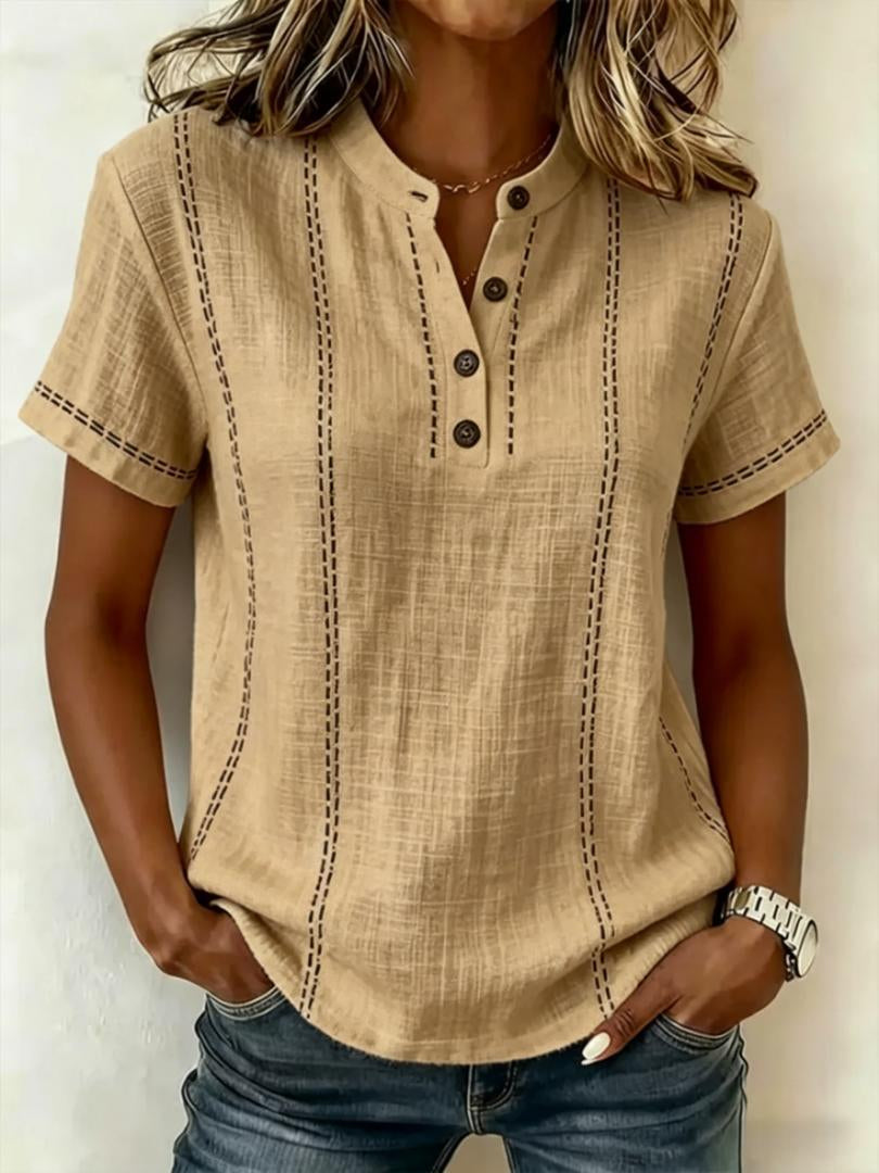 Women's Striped Short-Sleeve V-Neck Button Blouse – Minimalist Casual Top