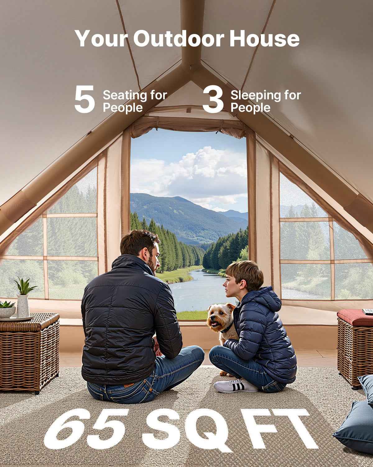 3–5 Person Inflatable Glamping Tent with Canopy – 4-Season 300D Oxford Tent with Stove Jack & AC Port