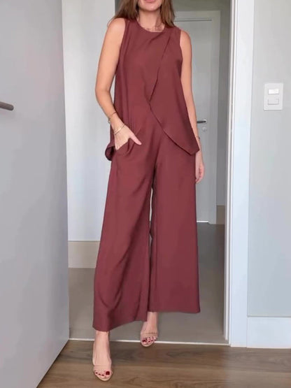 Brown Sleeveless Top High Waist Wide Leg Pants Set
