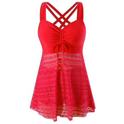 Women's Solid Color Lace One-Piece Swimsuit with Shorts – Korean Style
