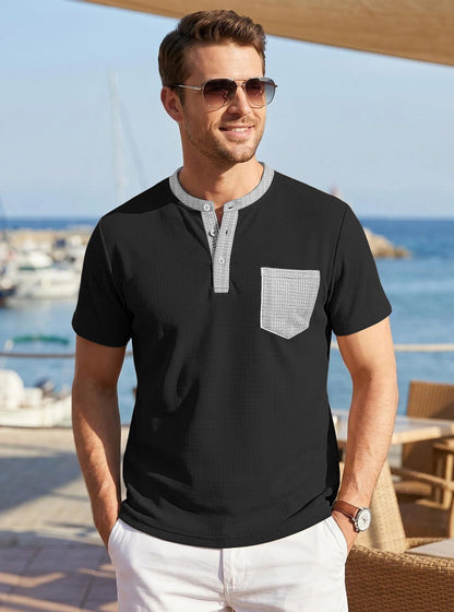 Men's Color-Block Waffle-Knit Henley T-Shirt with Chest Pocket – 6 Colors