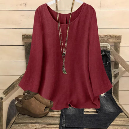 Women's Relaxed Crew-Neck Pullover Top with Patchwork Detail – 5 Colors