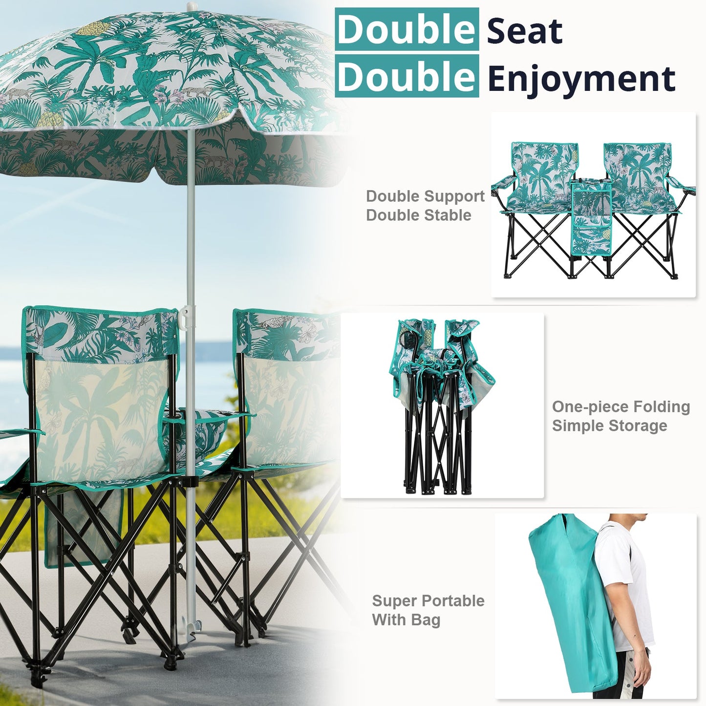 Folding Double Camp Chair with Removable Umbrella – Cup Holders, Cooler Bag & Carry Bag for Beach & Outdoors