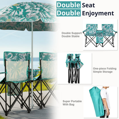 Folding Double Camp Chair with Removable Umbrella – Cup Holders, Cooler Bag & Carry Bag for Beach & Outdoors