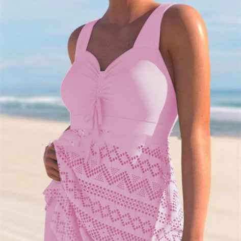 Women's Solid Color Lace One-Piece Swimsuit with Shorts – Korean Style