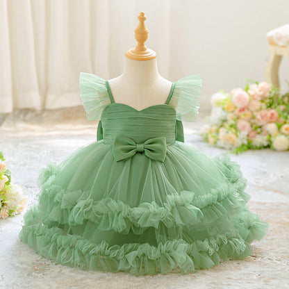 Children's Puff-sleeve Bowknot Tulle Fluffy Tiered Cake Skirt