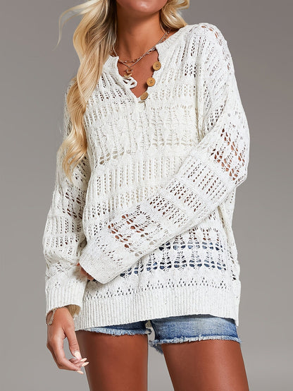 Women's Hollow-Out Pullover Beach Cover-Up Sweater – White