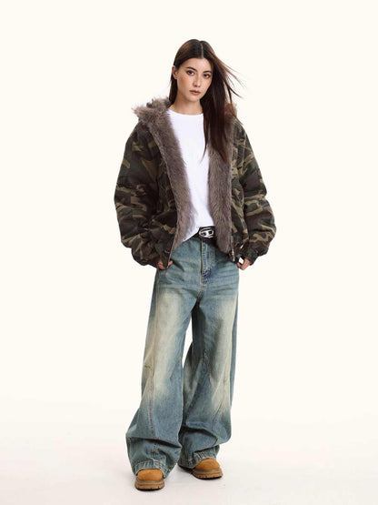Women's Hooded Camouflage Fleece-Lined Jacket – Warm Outdoor Outerwear