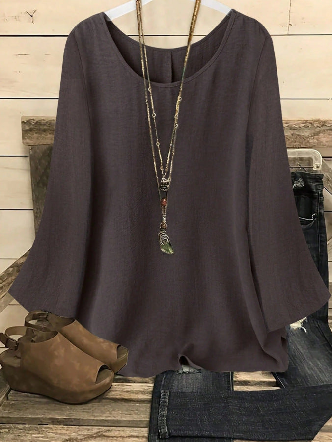 Women's Relaxed Crew-Neck Pullover Top with Patchwork Detail – 5 Colors