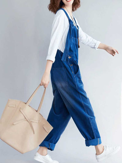 Vintage Washed Denim Dungarees with Knot Straps & Rolled Cuffs