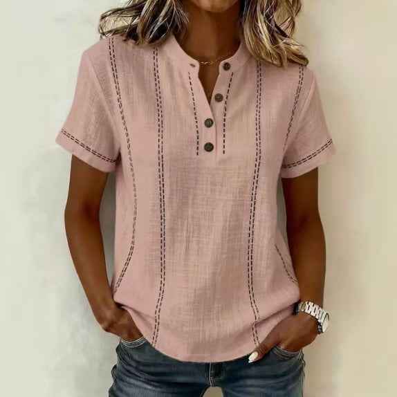 Women's Striped Short-Sleeve V-Neck Button Blouse – Minimalist Casual Top