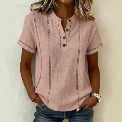 Women's Striped Short-Sleeve V-Neck Button Blouse – Minimalist Casual Top