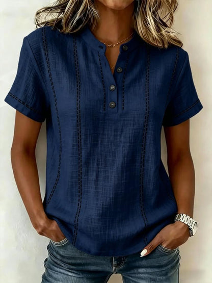 Women's Striped Short-Sleeve V-Neck Button Blouse – Minimalist Casual Top