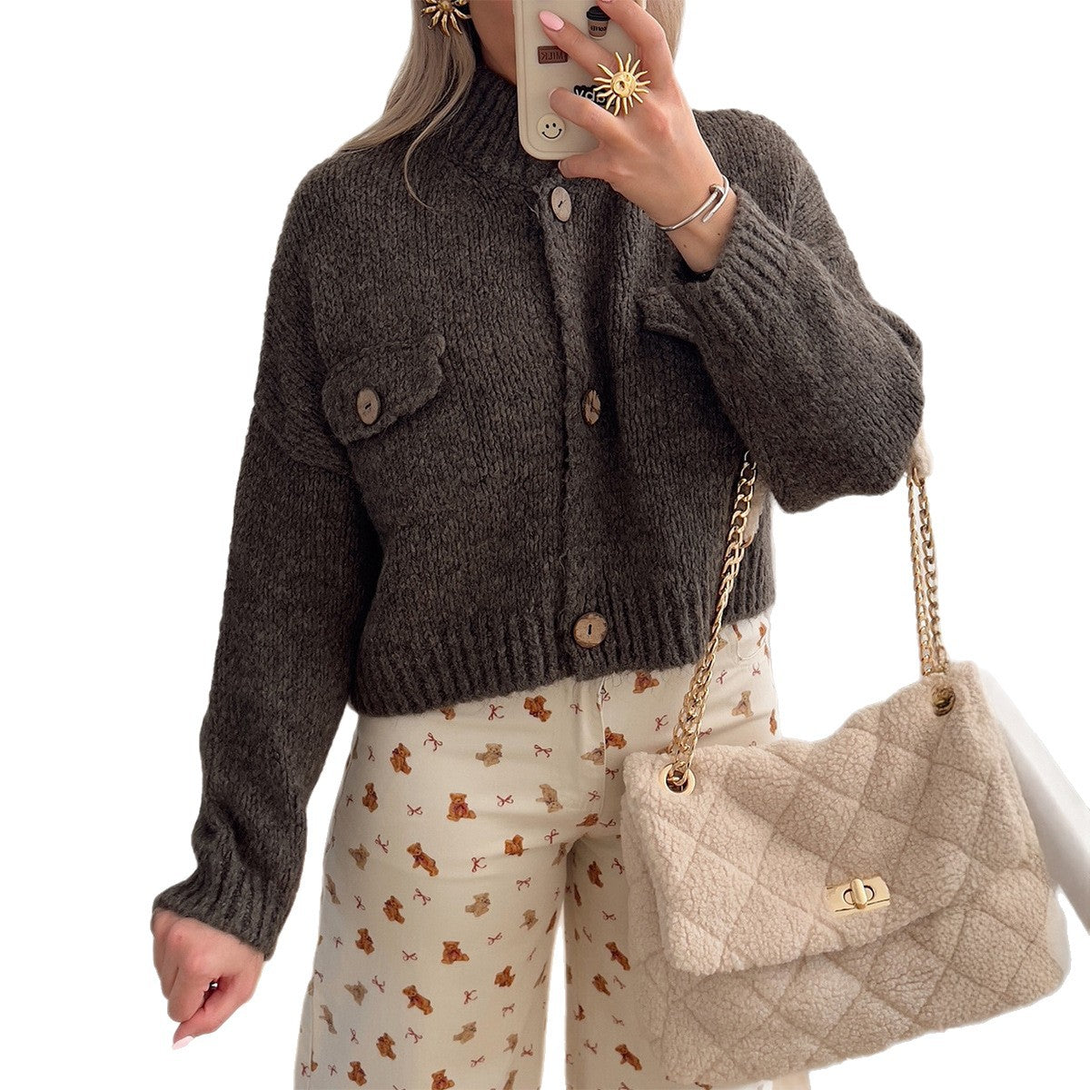 Women's Open-Front Knit Cardigan – Black, Gray & Apricot