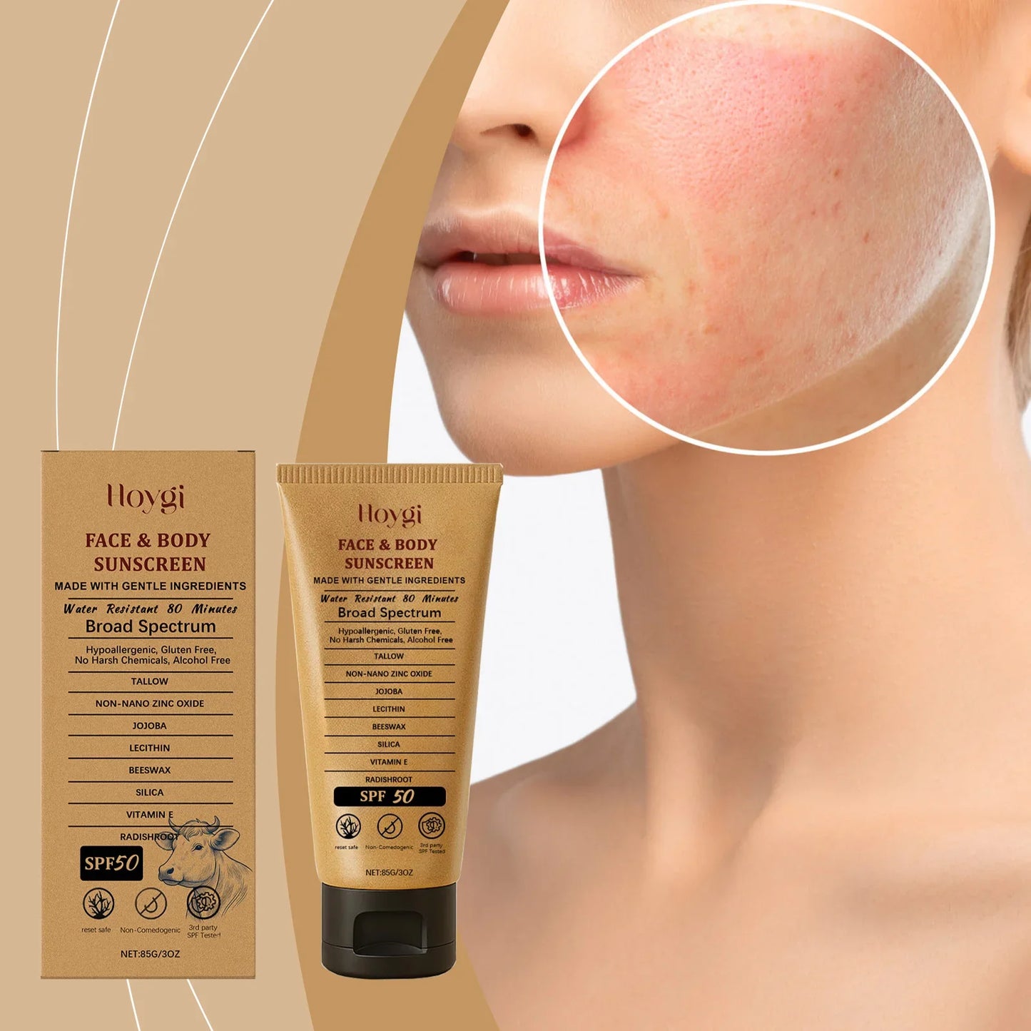 Hoygi 85g Beef Tallow Sunscreen Cream Spf50 Body Face Lasting Sun Protection Nourish Soothing Redness Refreshing Skin Sunscreen