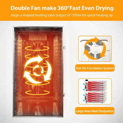 Commercial Grade Food Dehydrator Machine 110V 1500W Stainless Steel 20 Trays Capacity Touch Control LED Display 24H Timer Dryer