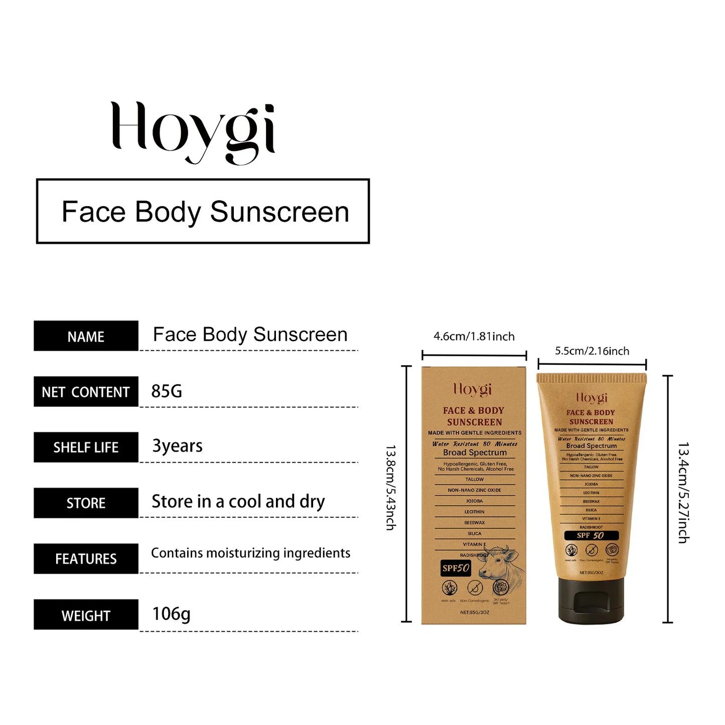 Hoygi 85g Beef Tallow Sunscreen Cream Spf50 Body Face Lasting Sun Protection Nourish Soothing Redness Refreshing Skin Sunscreen