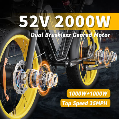 2000W Dual-Motor Electric Bike 52V 46AH Removable Battery Full Suspension Fat Tire Hydraulic Brake Adult Mountain Off-Road Ebike