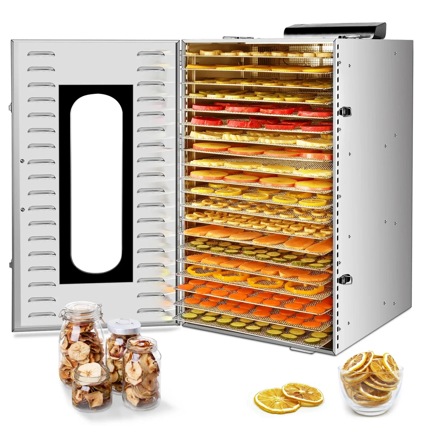 Commercial Grade Food Dehydrator Machine 110V 1500W Stainless Steel 20 Trays Capacity Touch Control LED Display 24H Timer Dryer