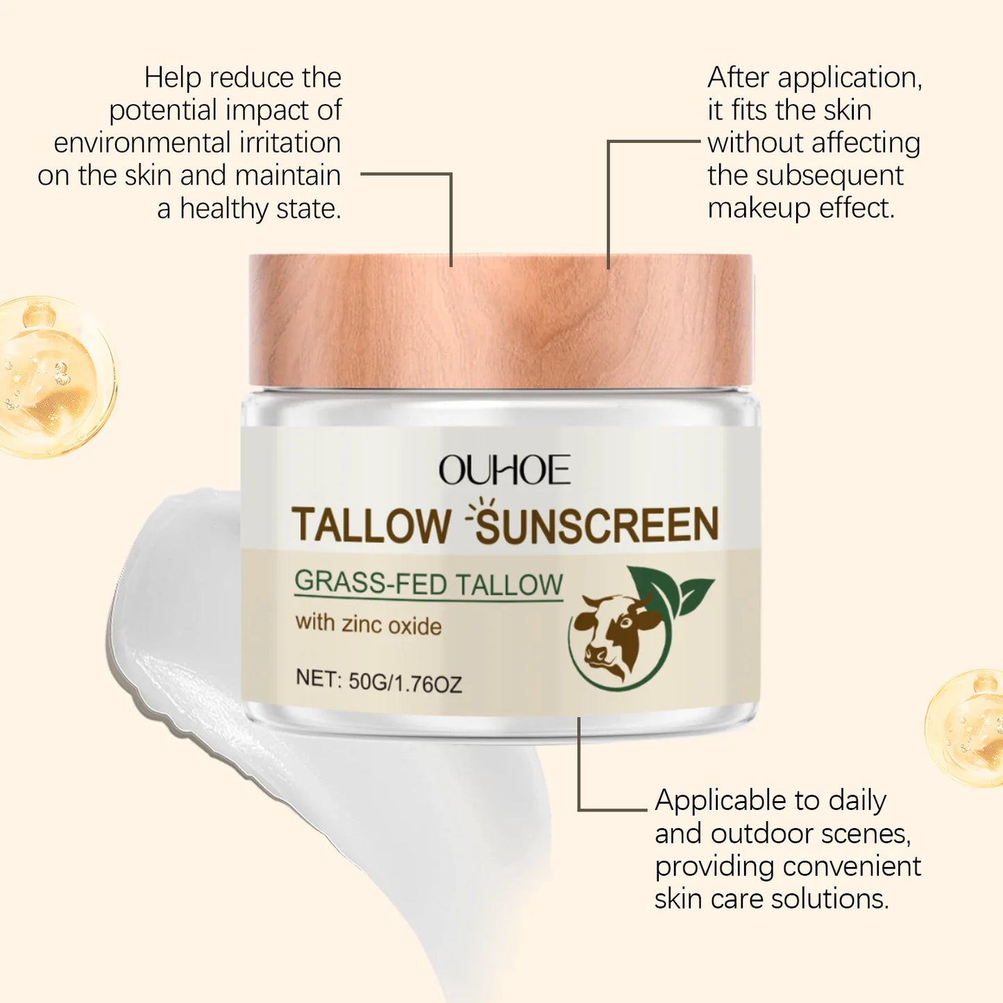 Ouhoe 50g Beef Tallow Sunscreen Uv Isolation Protect Oil Control Soothe Sunburn Moisturize Face Summer Refreshing Care Sunblock