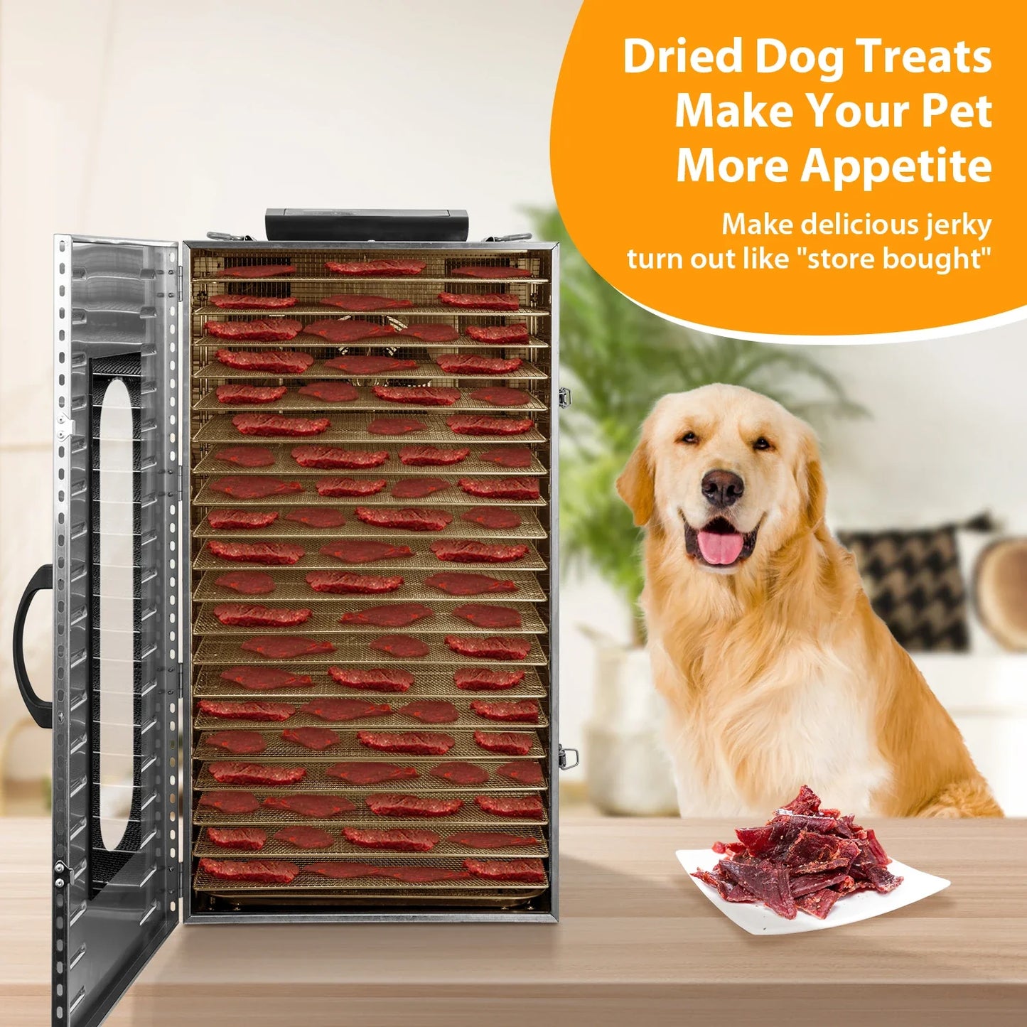 Commercial Grade Food Dehydrator Machine 110V 1500W Stainless Steel 20 Trays Capacity Touch Control LED Display 24H Timer Dryer