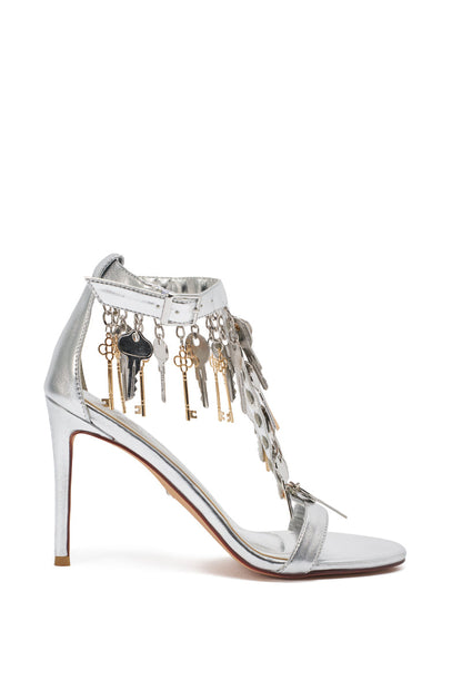 AKIRA GOLD ANNIKI SILVER KEY EMBELLISHED NOVELTY STILETTO SANDAL