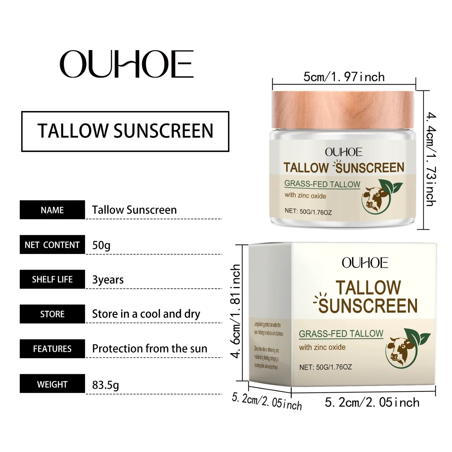 Ouhoe 50g Beef Tallow Sunscreen Uv Isolation Protect Oil Control Soothe Sunburn Moisturize Face Summer Refreshing Care Sunblock