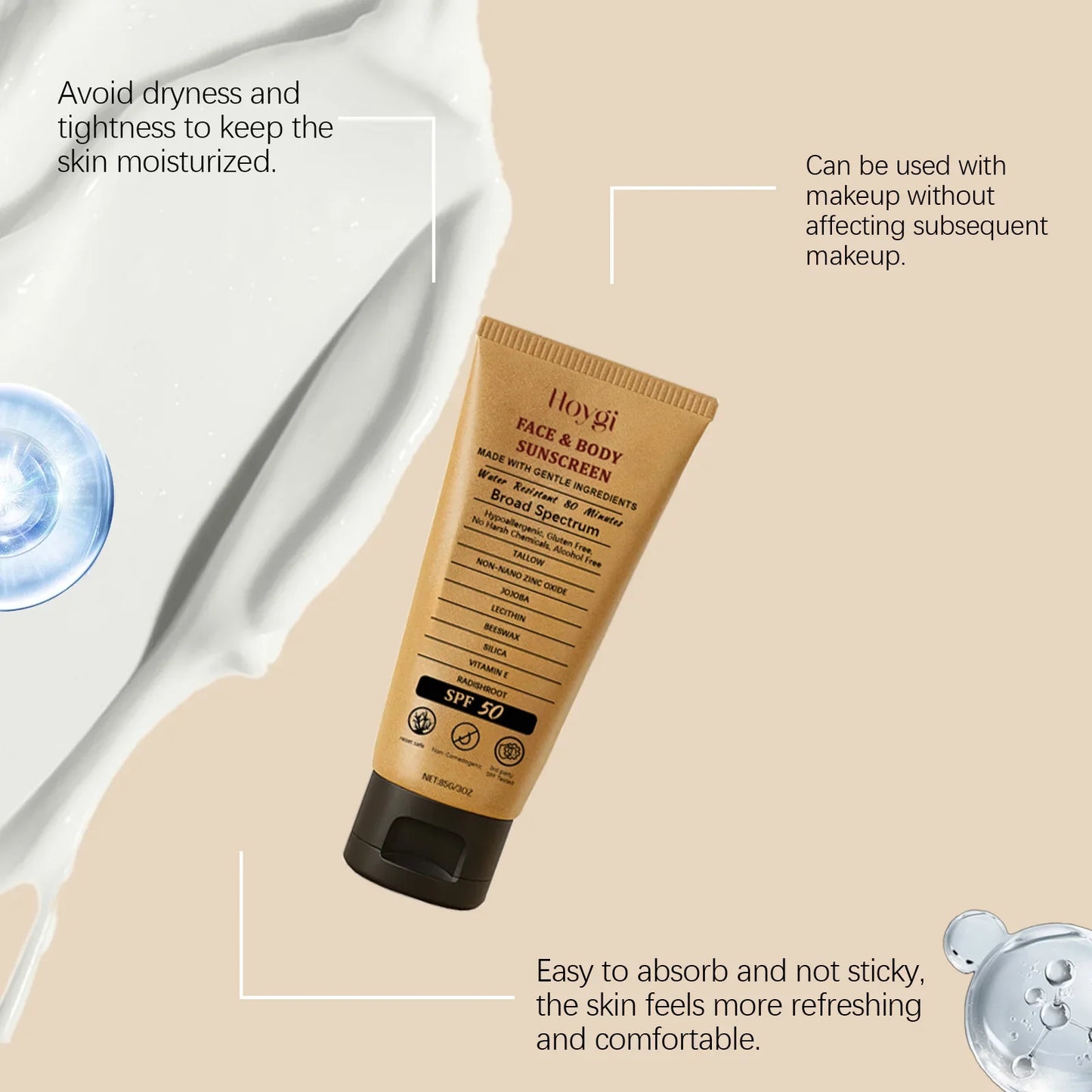 Hoygi 85g Beef Tallow Sunscreen Cream Spf50 Body Face Lasting Sun Protection Nourish Soothing Redness Refreshing Skin Sunscreen