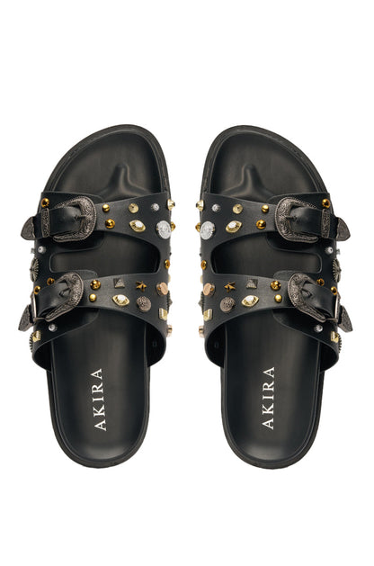 AKIRA BARCLAY BLACK METAL EMBELLISHED SLIP ON FLAT SANDAL