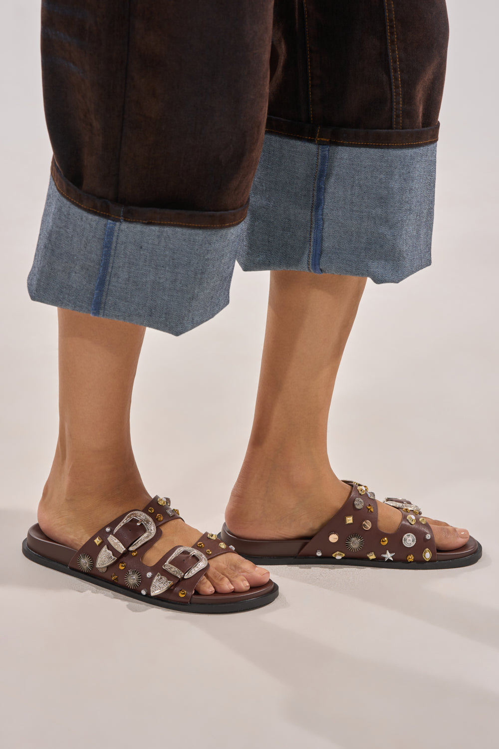 AKIRA BARCLAY BROWN METAL EMBELLISHED SLIP ON FLAT SANDAL