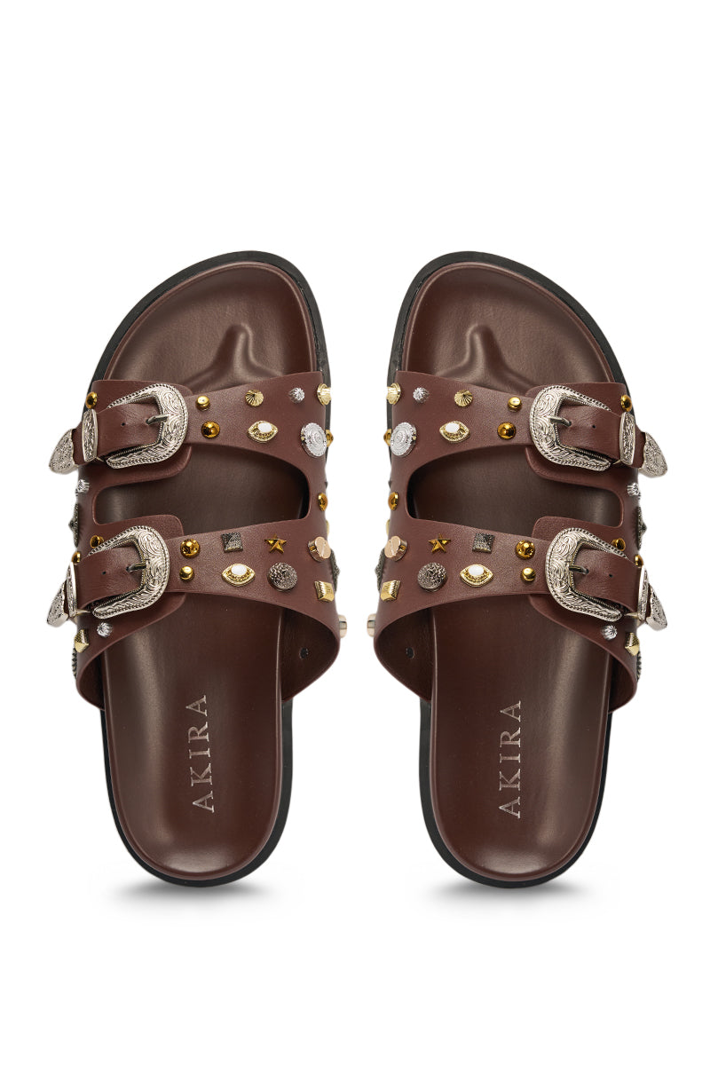 AKIRA BARCLAY BROWN METAL EMBELLISHED SLIP ON FLAT SANDAL
