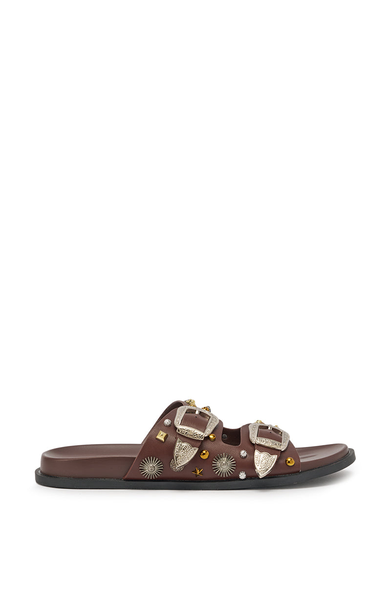 AKIRA BARCLAY BROWN METAL EMBELLISHED SLIP ON FLAT SANDAL