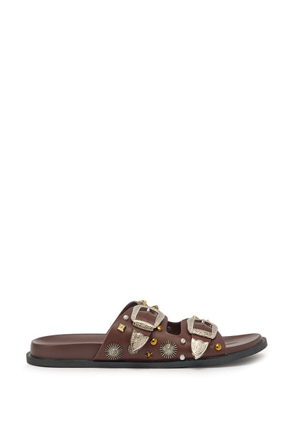 AKIRA BARCLAY BROWN METAL EMBELLISHED SLIP ON FLAT SANDAL