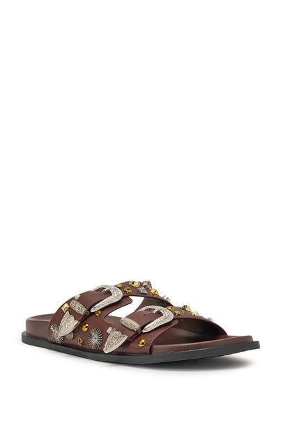 AKIRA BARCLAY BROWN METAL EMBELLISHED SLIP ON FLAT SANDAL