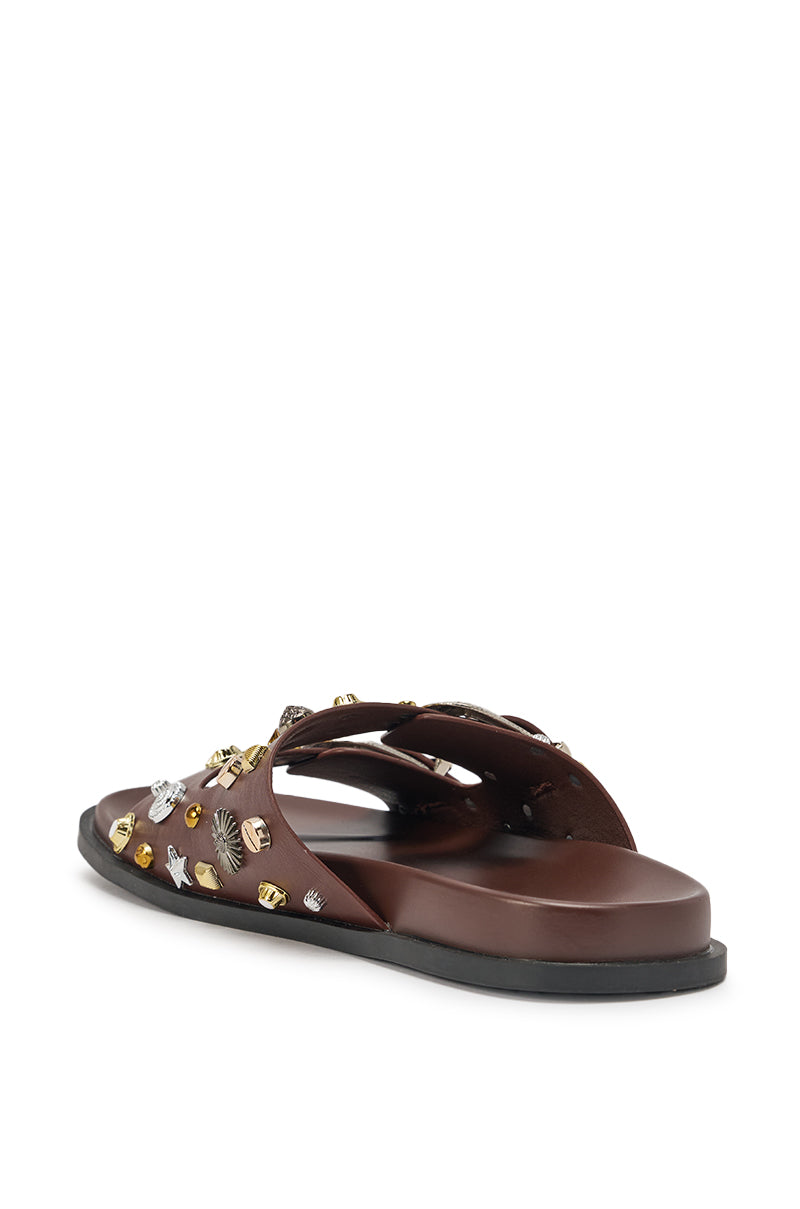 AKIRA BARCLAY BROWN METAL EMBELLISHED SLIP ON FLAT SANDAL