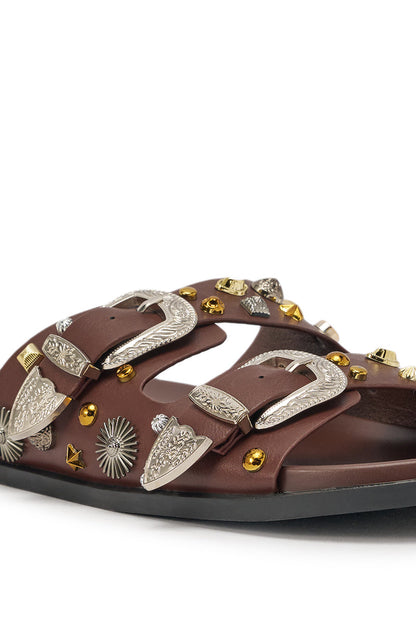AKIRA BARCLAY BROWN METAL EMBELLISHED SLIP ON FLAT SANDAL