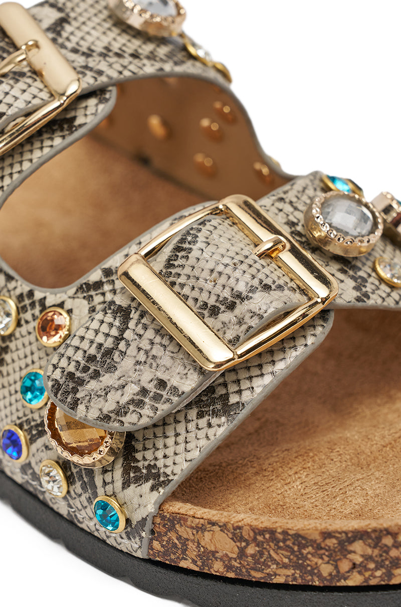AKIRA BAYLEAVES SNAKE EMBELLISHED FLAT SLIP ON SANDAL
