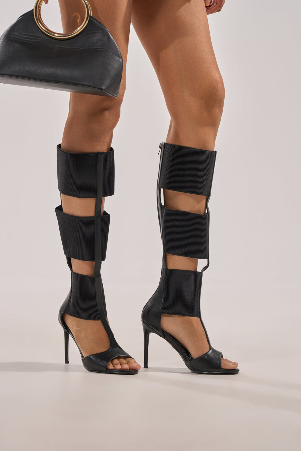 AKIRA GOLD BELLANTRA BLACK GLADIATOR STILETTO SANDAL