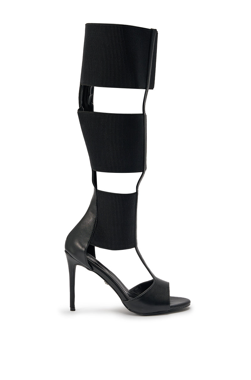 AKIRA GOLD BELLANTRA BLACK GLADIATOR STILETTO SANDAL
