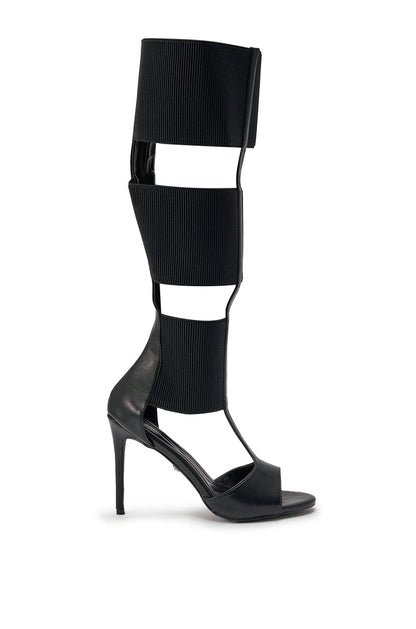 AKIRA GOLD BELLANTRA BLACK GLADIATOR STILETTO SANDAL