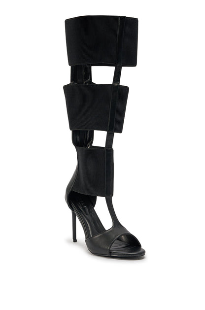 AKIRA GOLD BELLANTRA BLACK GLADIATOR STILETTO SANDAL