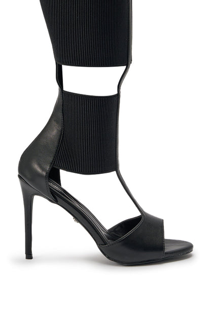 AKIRA GOLD BELLANTRA BLACK GLADIATOR STILETTO SANDAL