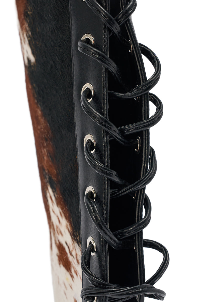 AKIRA GOLD CALF HAIR LACE UP GLADIATOR STILETTO SANDAL