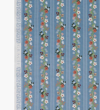 Floral Trellis Stripe Cotton Fabric - Slate