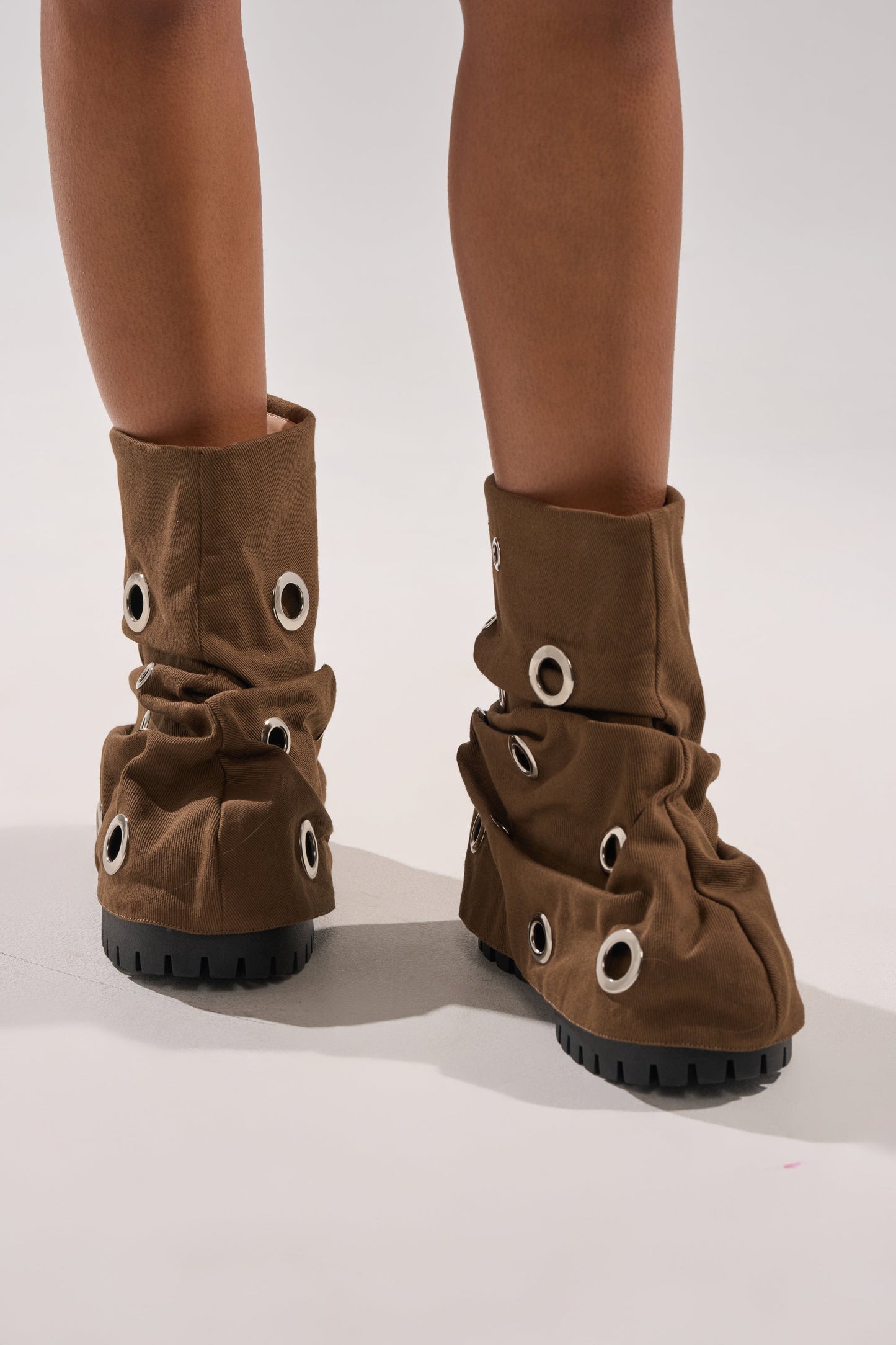 AKIRA GOLD FABLE BROWN GROMMET EMBELLISHED FLAT BOOTIE